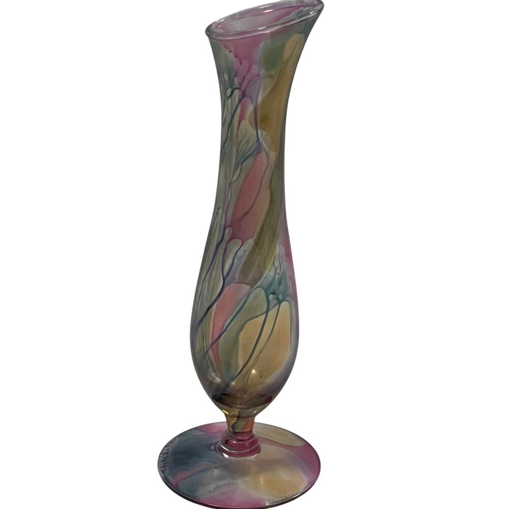 Rueven Nouveau Art Glass Co. Hand Painted Translucent Bud Vase 8" Tall